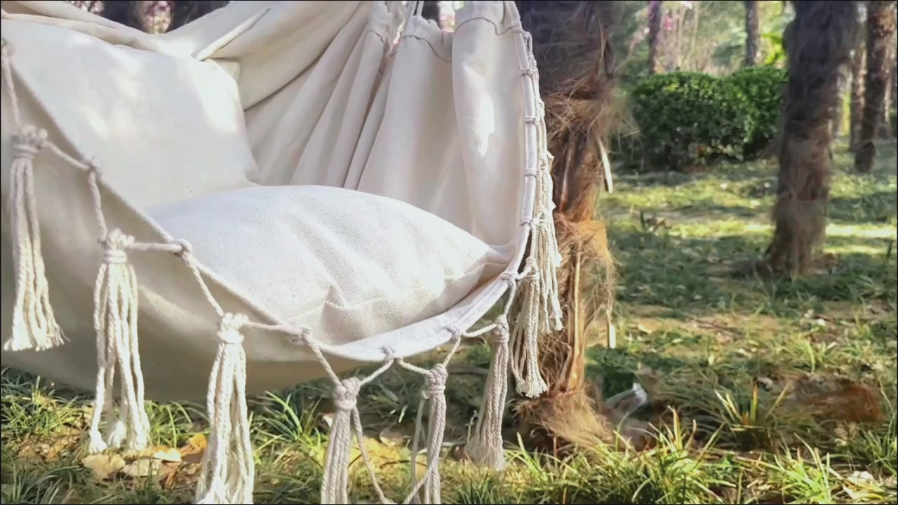 Handcrafted Hanging Hammock Chair with Two Soft Cushions, Equipped with Sturdy Webbing Straps and Heavy-Duty Hooks, Ideal Outdoor Furniture for Gardens, Porches and Patios