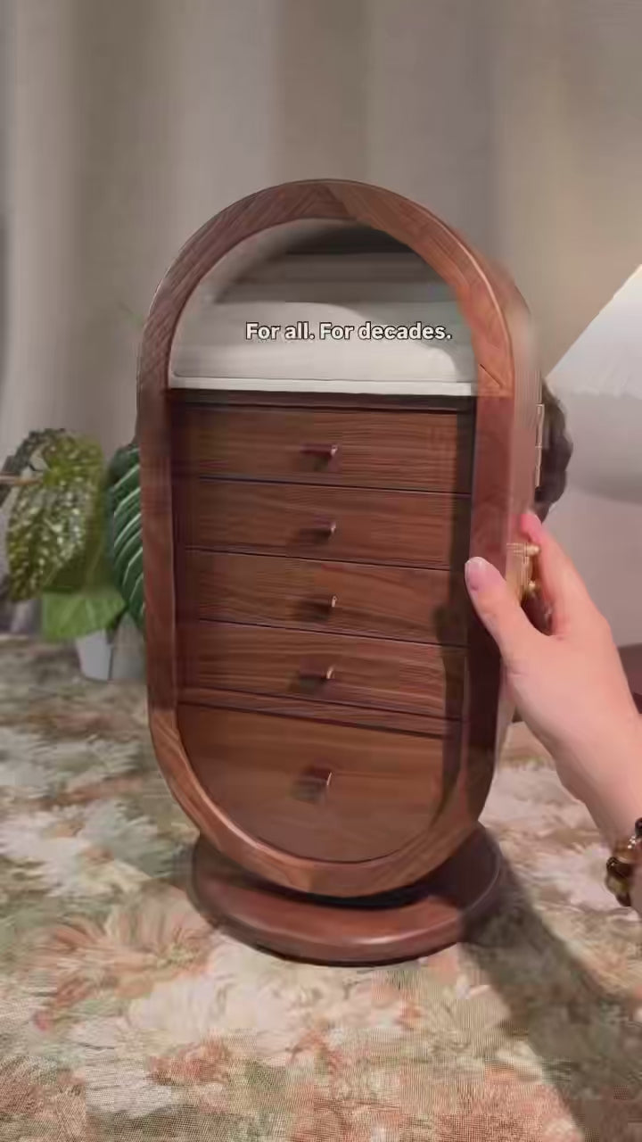 Premium Walnut Rotating Jewelry Cabinet with Mirrored Doors & Multi-Drawer Categorization, Smart Organizer for Rings, Earrings, Bracelets & Watches